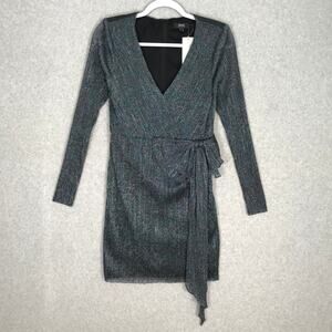 Aidan Mattox Dress Women 4 Teal Black Wrap Shimmery Metallic Party Cocktail $175